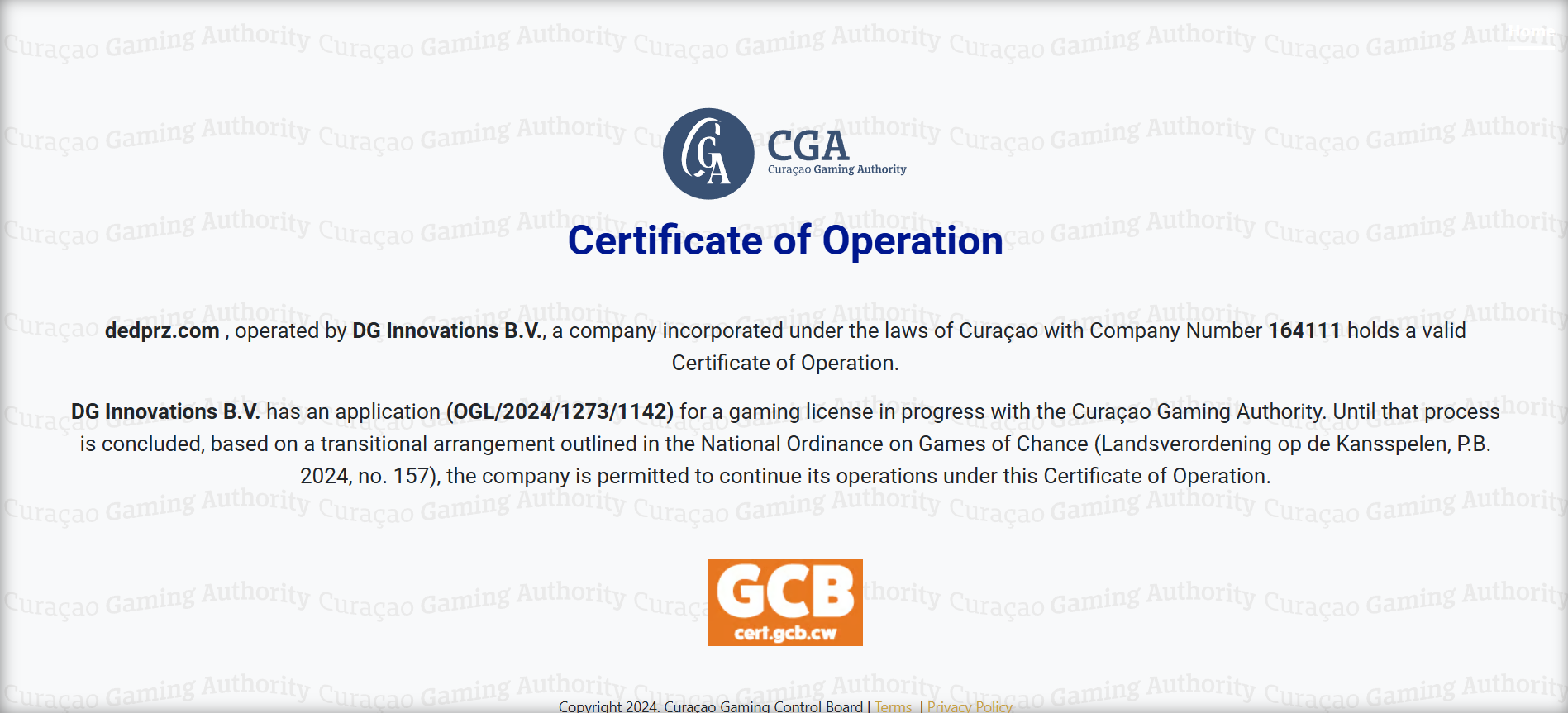 Curaçao Gaming Authority Certificate